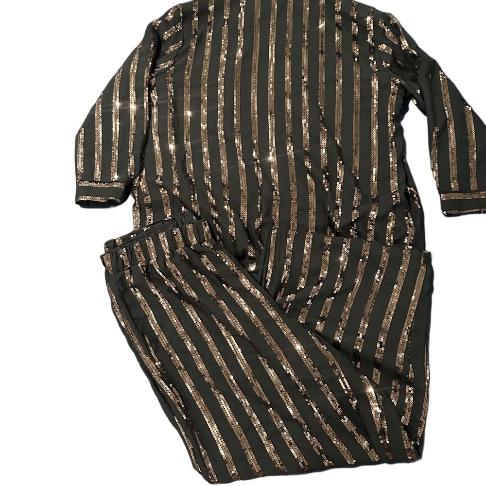 Eloquii Black Gold Stripe Set Top Pants - Picture 2 of 3